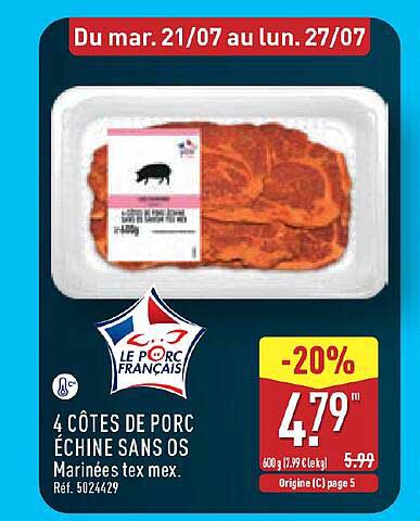 4 CÔTES DE PORC ÉCHINE SANS OS