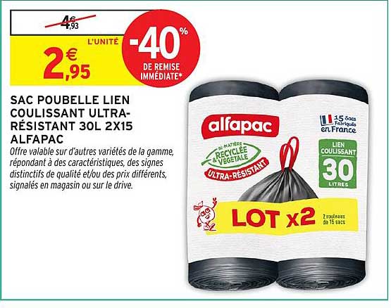 Alfapac SAC POUBELLE LIEN COULISSANT ULTRA-RÉSISTANT 30L X15