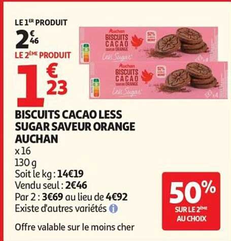 AUCHAN BISCUITS CACAO LESS SUGAR SAVEUR ORANGE