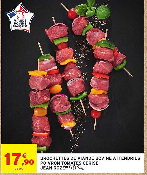 BROCHETTES DE VIANDE BOVINE ATTENDRIES POIVRON TOMATES CERISE JEAN ROZÉ