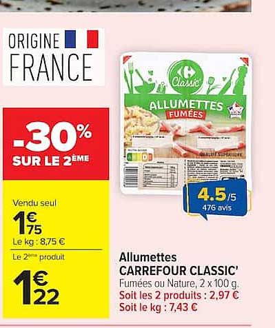 CARREFOUR CLASSIC' Allumettes Fumées ou Nature, 2 x 100 g