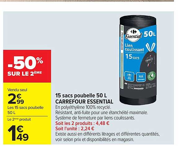 Carrefour Essential 15 sacs poubelle 50 L