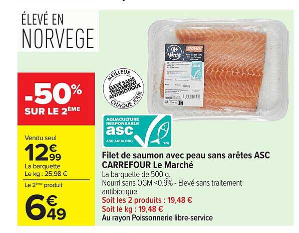Carrefour Le Marché Filet de saumon avec peau sans arêtes ASC