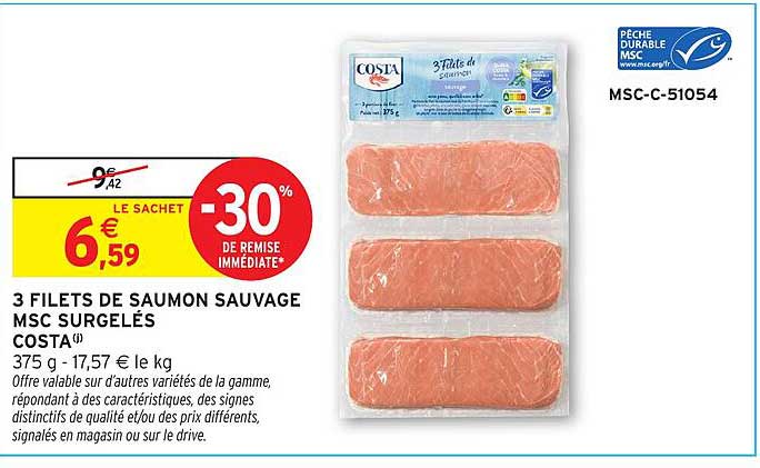 COSTA 3 filets de saumon sauvage MSC surgelés