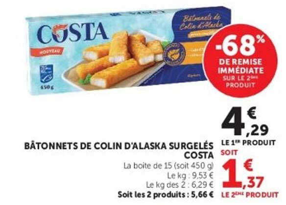 COSTA BÂTONNETS DE COLIN D'ALASKA SURGELÉS
