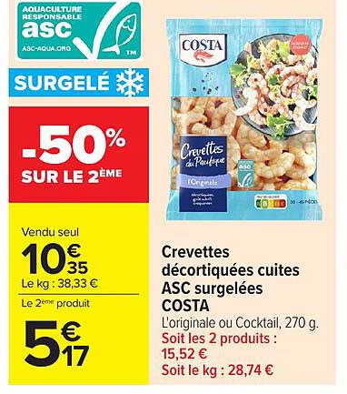 COSTA Crevettes décortiquées cuites ASC surgelées