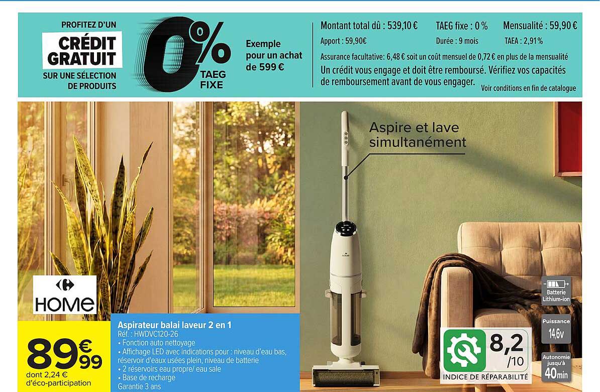 HOME Aspirateur balai laveur 2 en 1