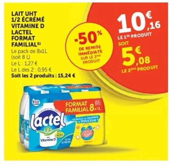 Lactel Lait UHT 1/2 Écrémé Vitamine D Format Familial