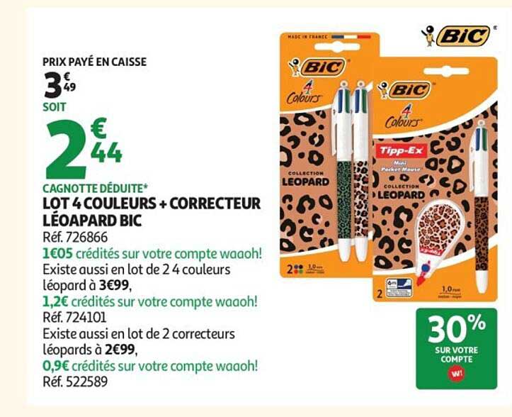 LOT 4 COULEURS + CORRECTEUR LÉOPARD BIC