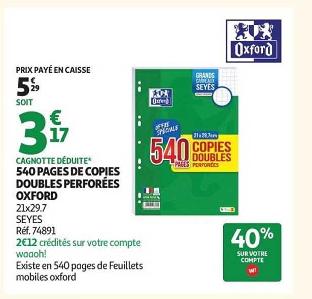 Oxford 540 pages de copies doubles perforées