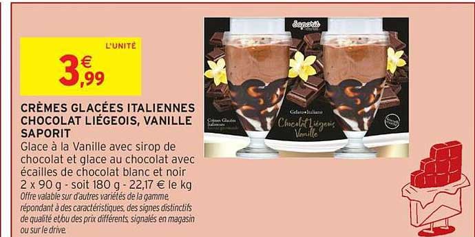 Saporit Crèmes glacées italiennes Chocolat liégeois vanille
