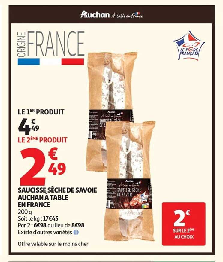 Saucisse sèche de Savoie Auchan à table en France