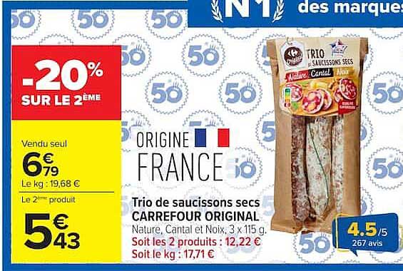 Trio de saucissons secs CARREFOUR ORIGINAL