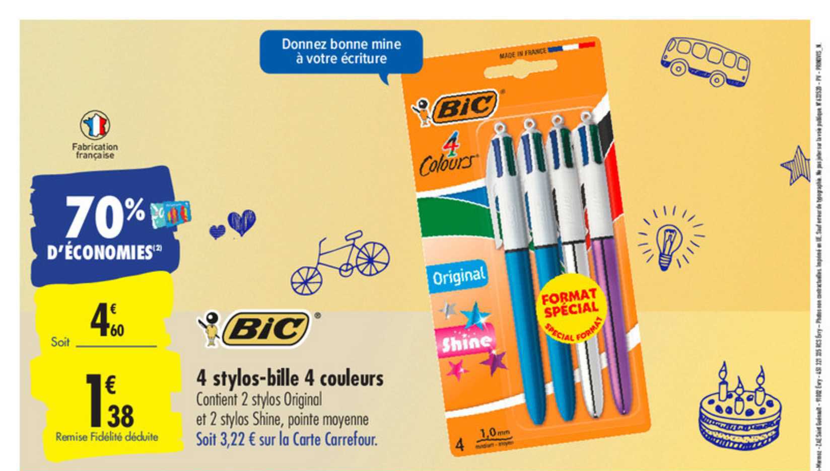 4 Stylos Bille 4 Couleurs Bic