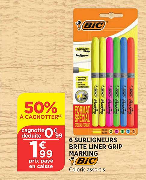 6 surligneurs brite liner grip marking bic