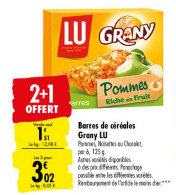 barres de céréales grany lu  2+1 offert