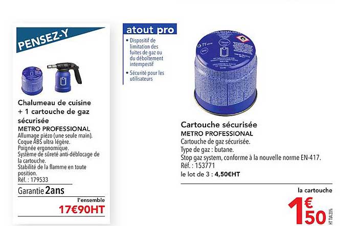 chalumeau de cuisine + 1 cartouche de gaz sécurisée metro professional