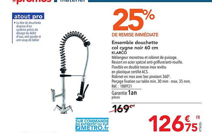 ensemble douchette col cygne noir 60 cm klarco 25% de remise immédiate