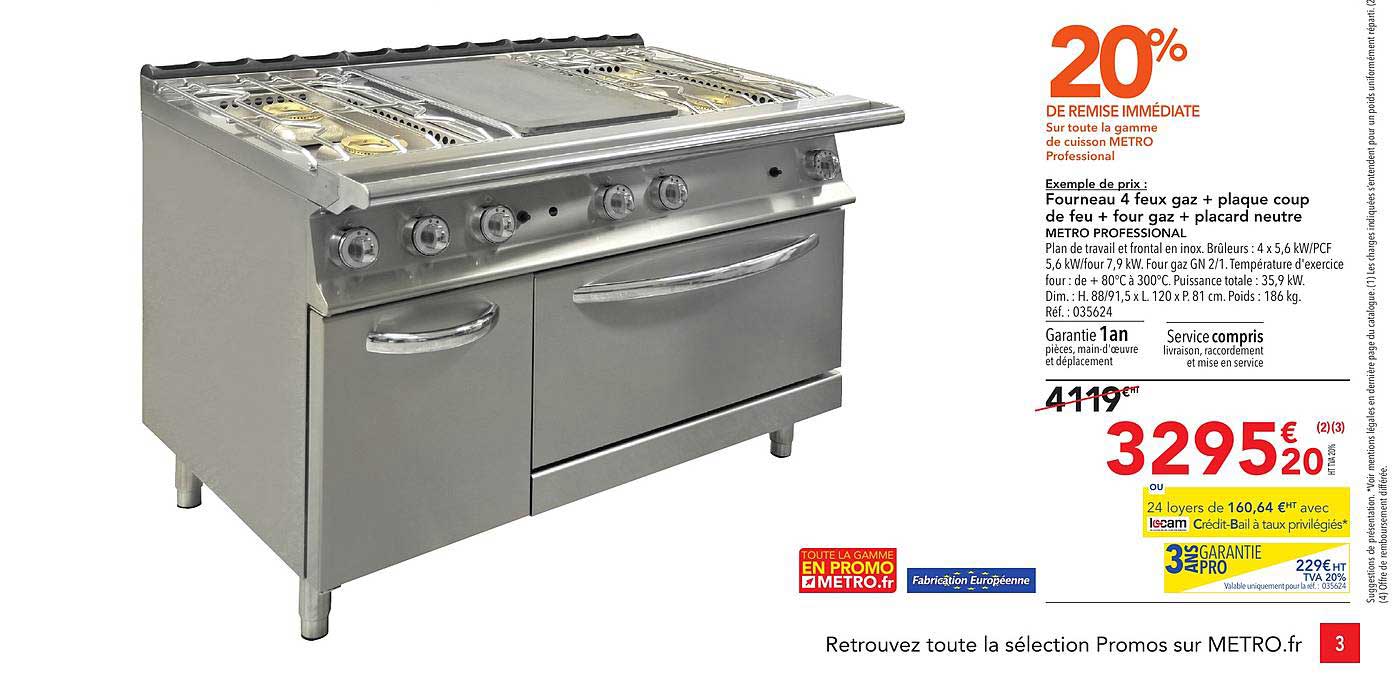 fourneau 4 feux gaz + plaque coup de feu + four gaz + placard neutre metro professional