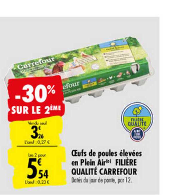 oeufs de poules élevées en plein air filière qualité carrefour -30% sur le 2e