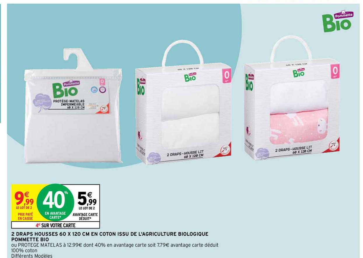 2 draps housses 60x120 cm en coton issu de l'agriculture biologique pommette bio