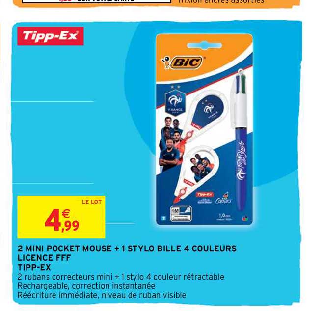 2 mini pocket mouse + 1 stylo bille 4 couleurs licence fff tipp-ex