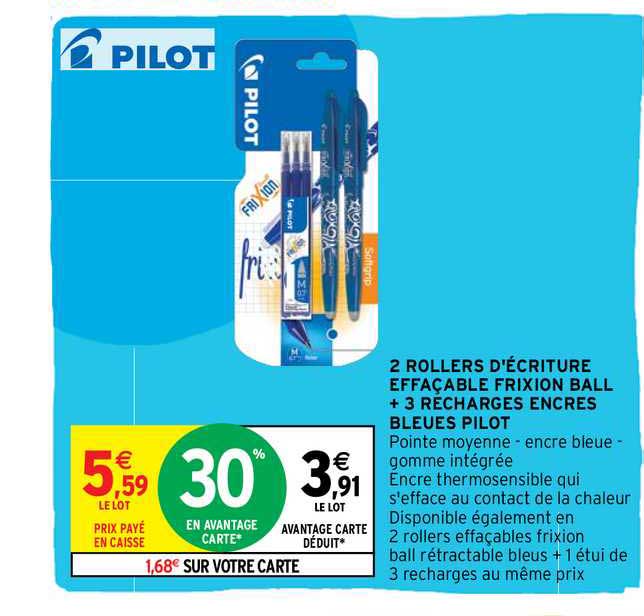 2 rollers d'écriture effaçable frixion ball + 3 recharges encres bleues pilot