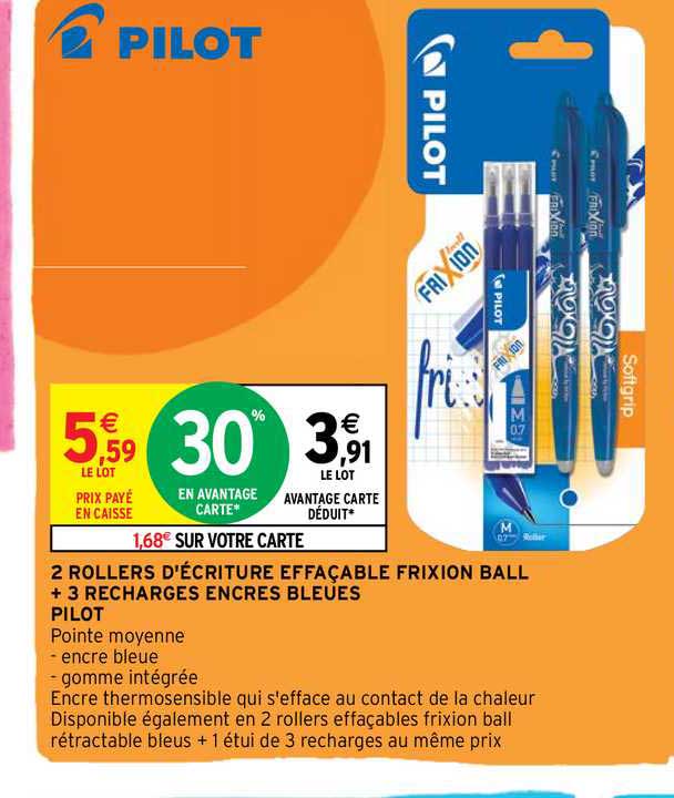 2 rollers d'écriture effaçable frixion ball + 3 recharges encres bleues pilot