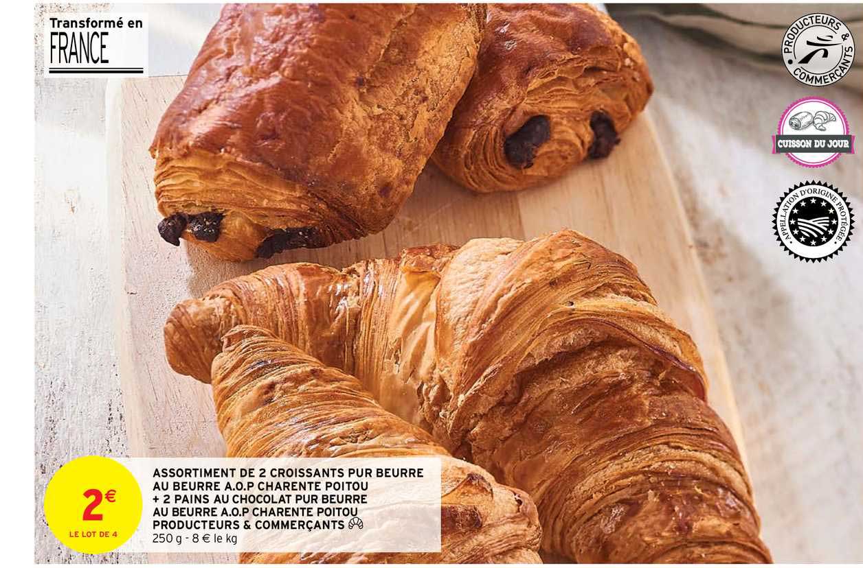 assortiment de 2 croissants pur beurre au beurre aop charente poitou + 2 pains au chocolat pur beurre au beurre aop charente poitou producteurs & commerçants