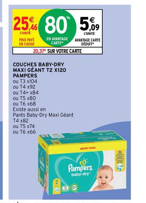 couches baby-dry maxi géant t2 x120 pampers