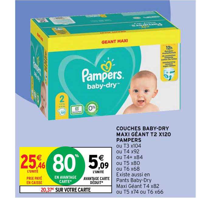 couches baby-dry maxi géant t2 x120 pampers