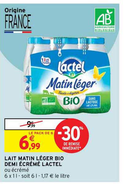 lait matin léger bio demi-écrémé lactel
