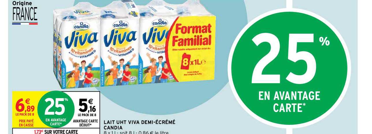 lait uht viva demi-écrémé candia