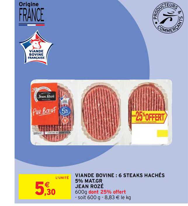 viande bovine : 6 steaks hachés 5% mat. gr. jean rozé