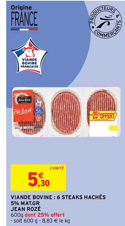 viande bovine : 6 steaks hachés 5% mg jean rozé