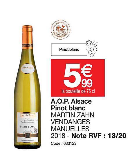 a.o.p.  alsace pinot blanc martin zahn vendanges manuelles 2018