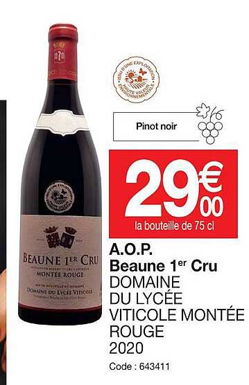 a.o.p.  beaune 1er cru domaine dy lycée viticole montée rouge 2020