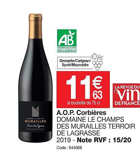 a.o.p.  corbières domaine le champs des murailles terroir de lagrasse 2019