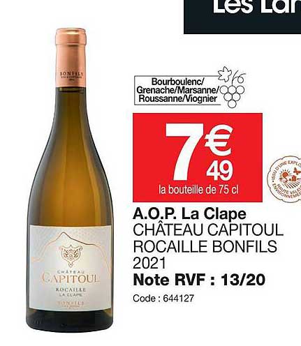 a.o.p.  la clape château capitoul rocaille bonfils 2021