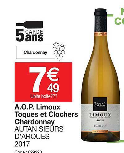 a.o.p.  limoux toques et clochers chardonnay autoan sieurs d'arques 2017