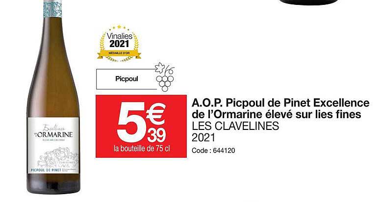 a.o.p.  picpoul de pinet excellende de l'ormarine élevé sur lies fines les clavelines 2021