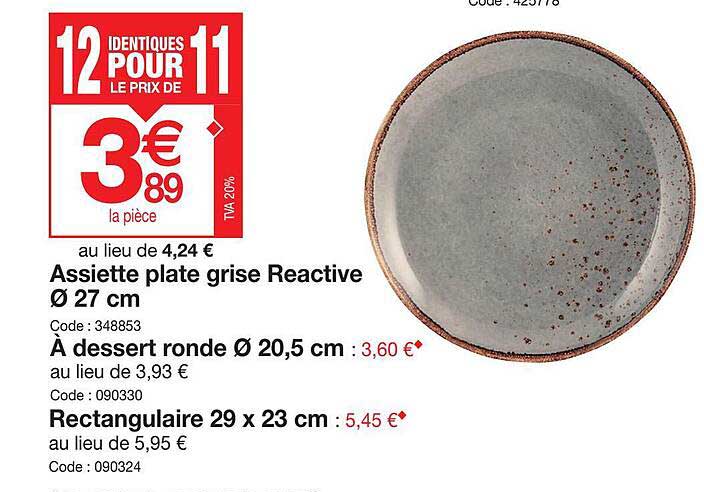 assiete platte grise reactive ø 20,5cm, a dessert ronde ø 20,5cm, rectangulaire 29 x 23 cm