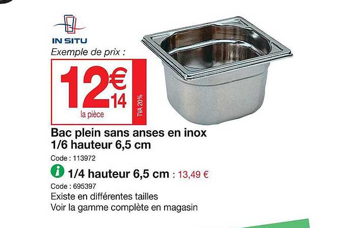bac plein sans anses en inox 1-6 hauteur 6,5 cm, 1-4 hauteur 6,5 cm
