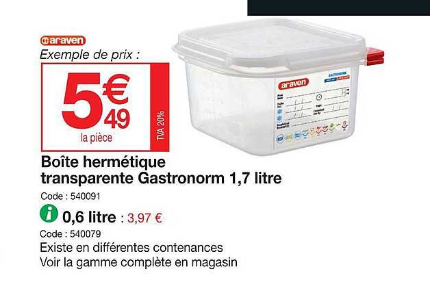 boîte hermétique transparente gastronorm 1,7 litre, 0,6 litre