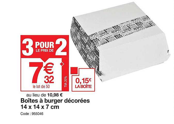 boîtes à burger décorées 14 x 14 x 7 cm