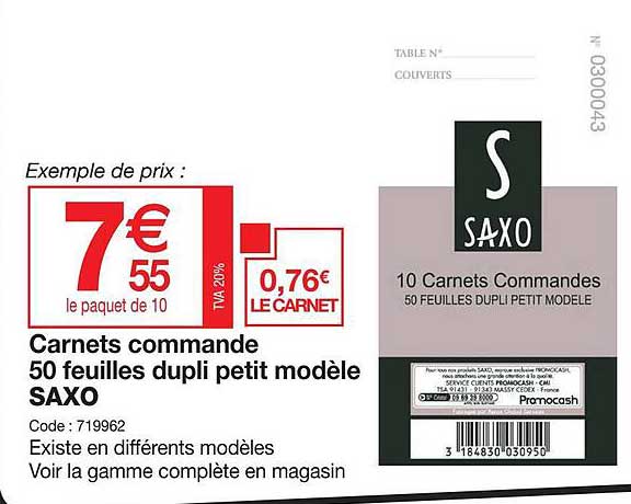 carnets commande 50 feuilles dupli petit modèle saxo