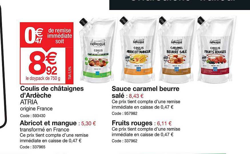 coulis de châtaignes d'ardèche, abricot et mangue, sauce caramel beurre salé, fruits rouges