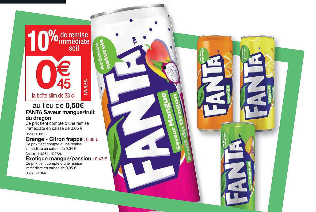 fanta saveur mangue-fruit du dragon, orange - citron frappé, exotique mangue-passion