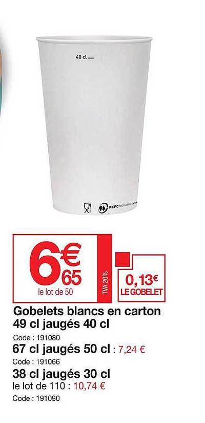 Gobelets Blancs En Carton 49cl Jaugés 40cl, 67 Cl Jaugés 50cl, 38 Cl Jaugés 30 Cl