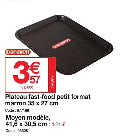 plateau fast-food petit format marron 35 x 27 cm, moyen modèle 41,6 x 30,5 araven
